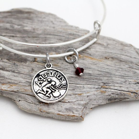 January Aquarius Adjustable Charm Bangle - Handmade Zodiac Bracelet - Picture 2 of 12